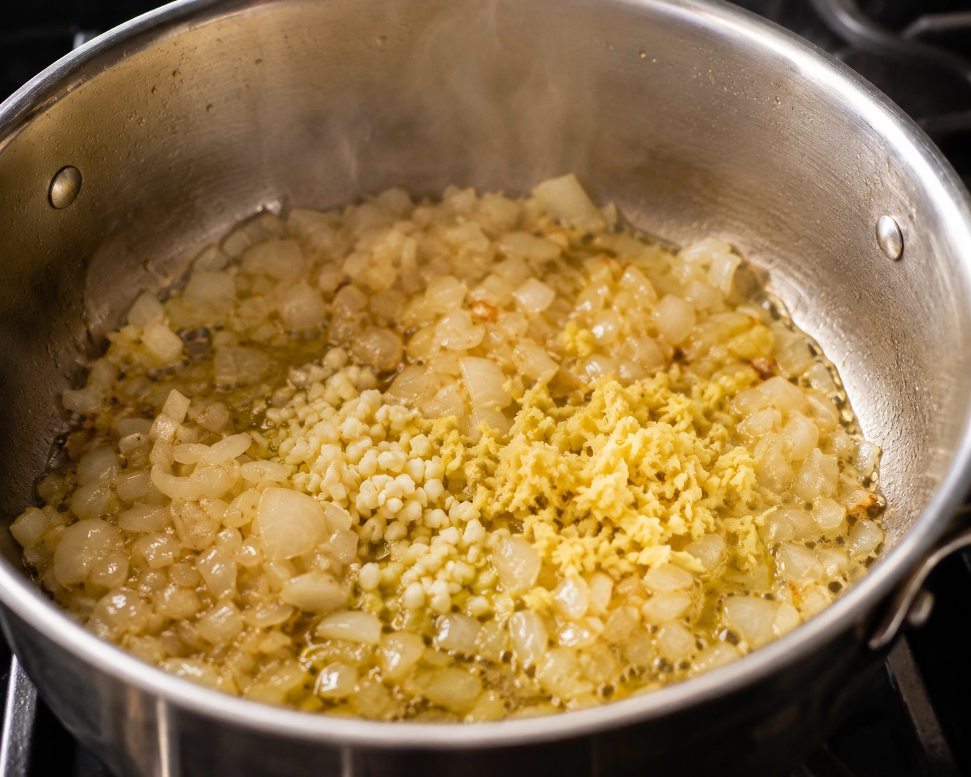 Sautéing diced onions, garlic and ginger in pot